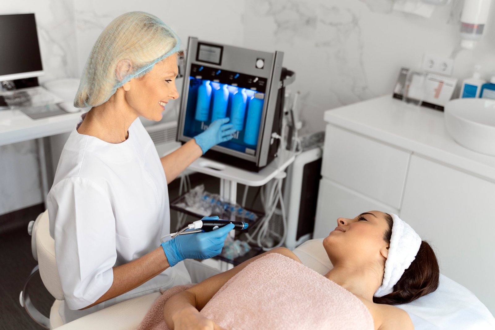 Cleansing procedure. Nice pretty woman lying with her eyes closed while having a cleansing procedure on her face. Senior doctor pointing on the screen while working with smile