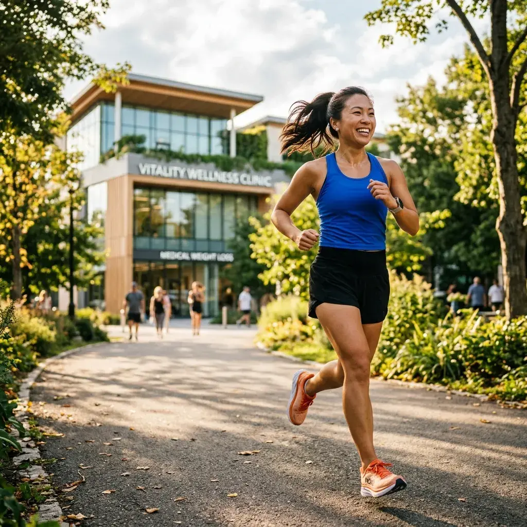 Woman jogging outdoors after a physician-supervised medical weight loss program in Houston