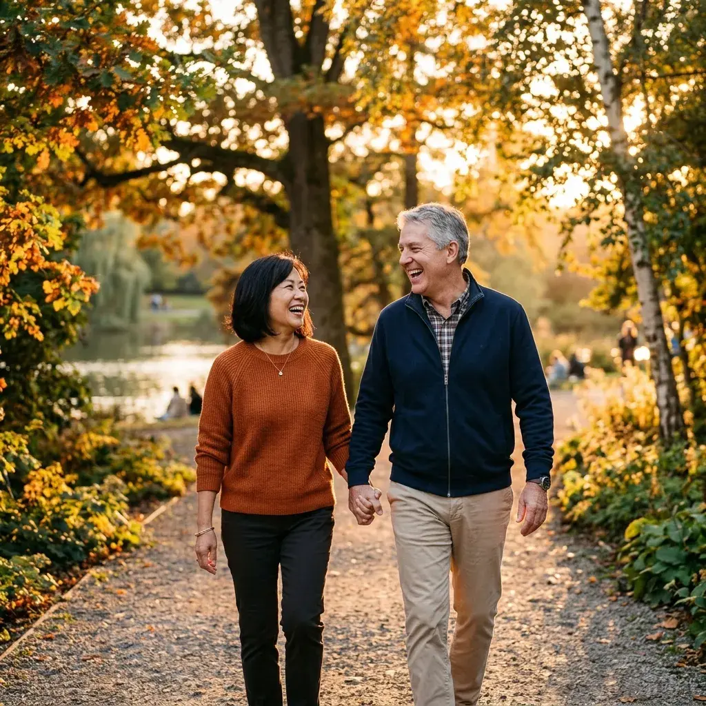 Happy mature couple walking together in a park after treatment at Stamina Center Houston