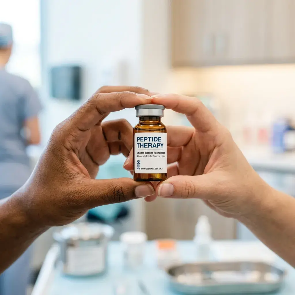 Hands holding a peptide therapy vial at Stamina Weight Loss, Testosterone and ED Center in Houston