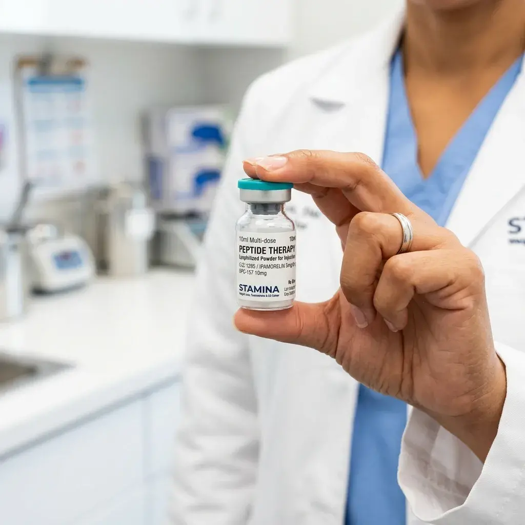 Healthcare professional holding a Stamina peptide therapy vial in a Houston clinic lab