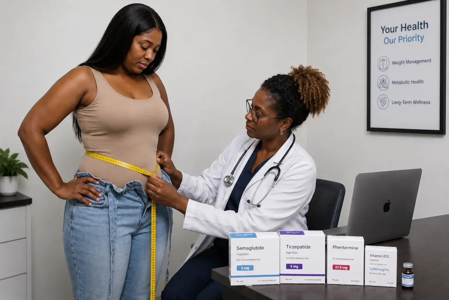 Doctor measuring a patient's waist during a medical weight loss consultation in Houston