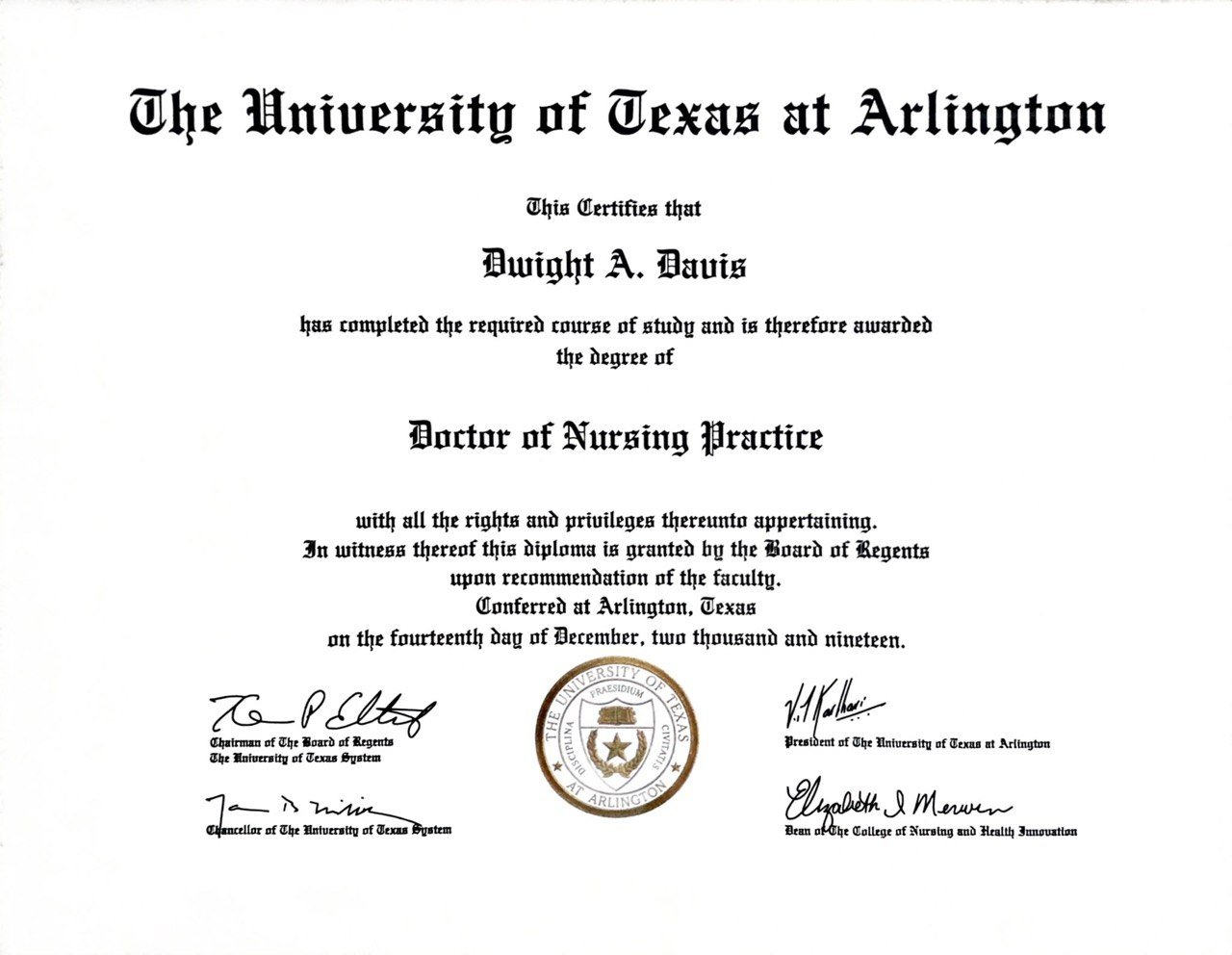 University of Texas at Arlington diploma — Doctor of Nursing Practice awarded to Dwight A. Davis