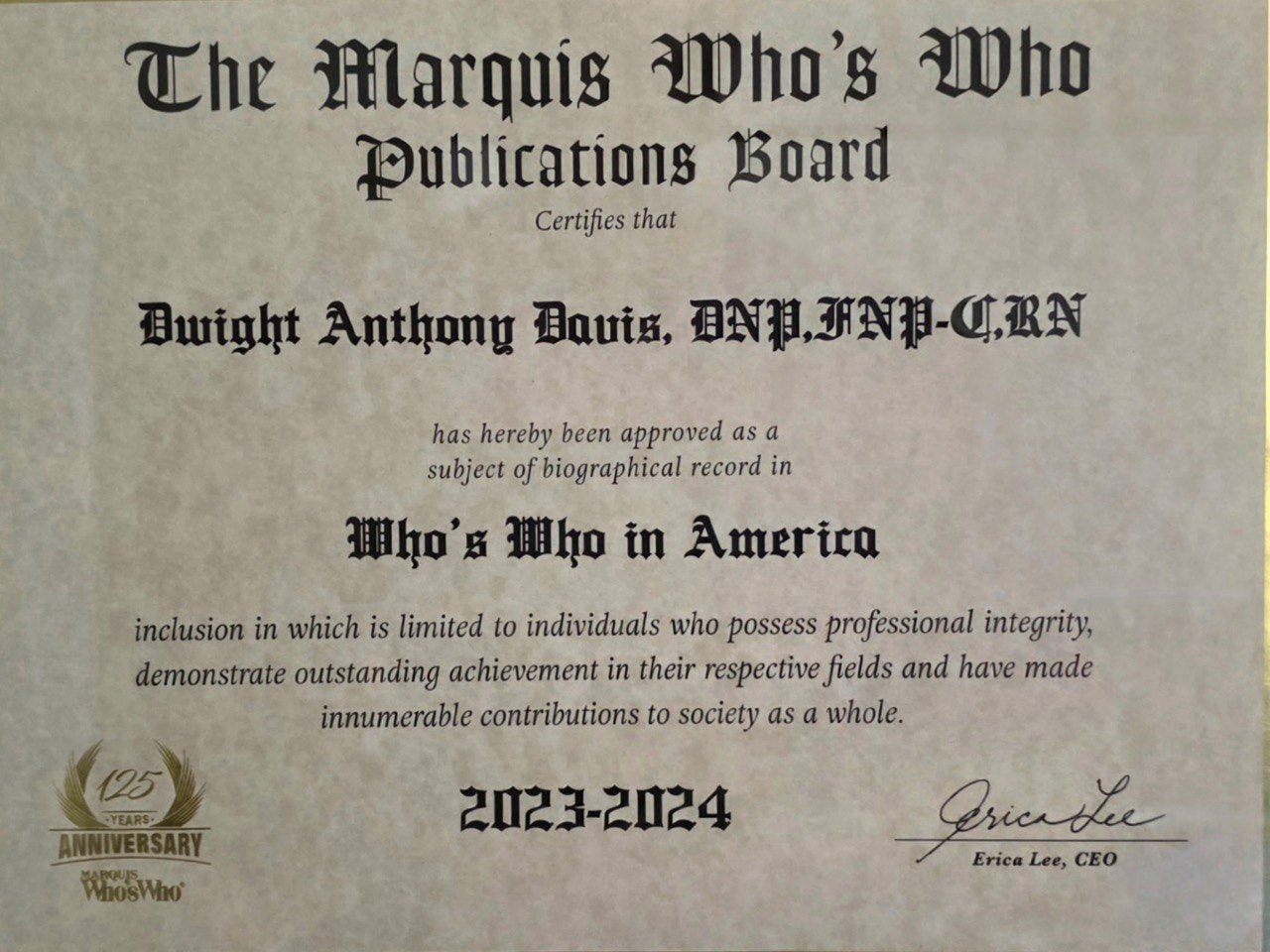 Marquis Who's Who in America 2023-2024 certificate for Dwight Anthony Davis, DNP, FNP-C, RN