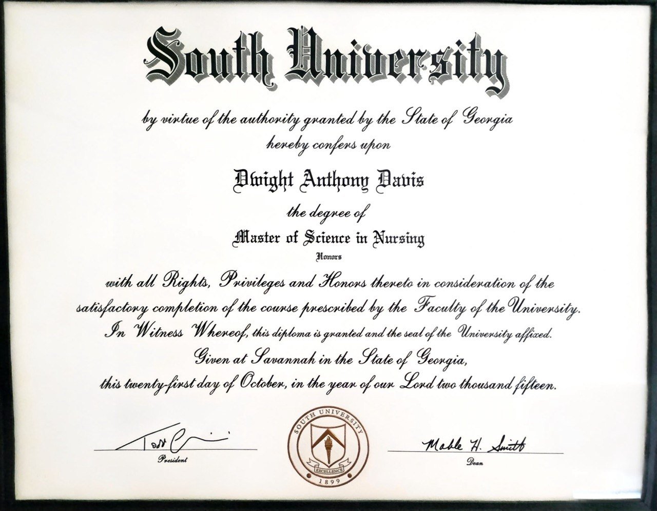 South University diploma — Master of Science in Nursing with Honors awarded to Dwight Anthony Davis