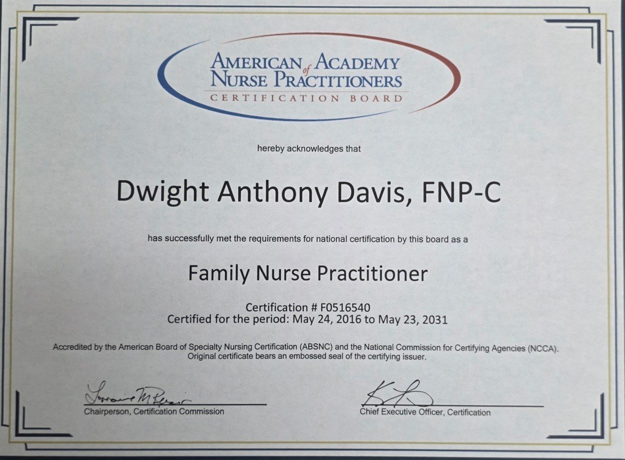 AANP Certification Board certificate — Dwight Anthony Davis, FNP-C, Family Nurse Practitioner national certification