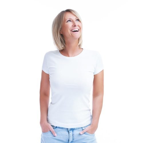Picture of blonde woman over back isolated background. High quality photo